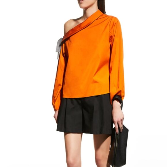 Harshman Blouse Liana Burnt Orange Tie Bow Off One Shoulder Poplin Fall Casual - Picture 3 of 14